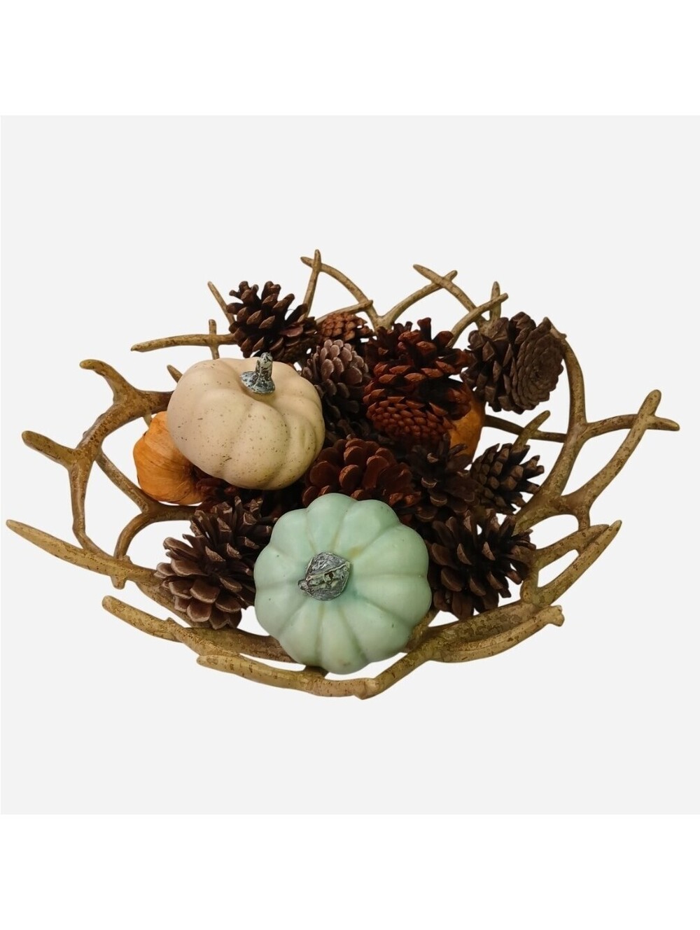 Rustic Faux Antler Bowl Centerpiece Fall Decor Pinecones Mini Pumpkins Autumn